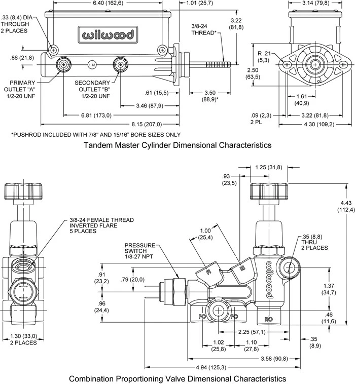 Wilwood 261-13626-BK алюминиевый тандем главный цилиндр комплект с кронштейном и клапаном - Изображение 2 из 4