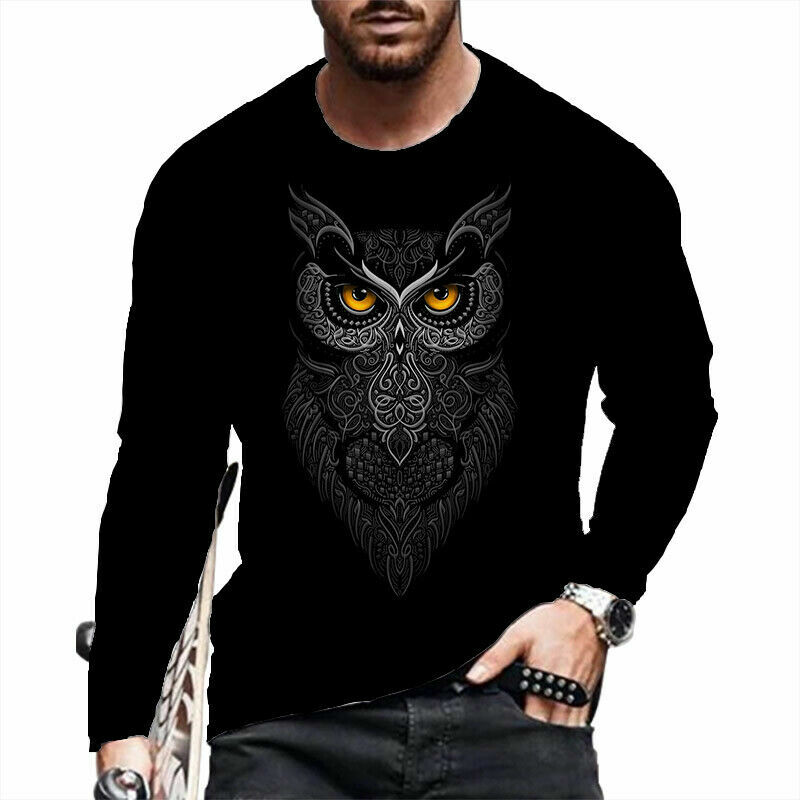 T-Shirt Men Vintage Owl Graphic Black Long Sleeve Fashion T Shirt