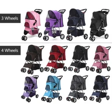 3/4 Wheels Foldable Pet Strollers Cat Dog Cage Strollers w/ Cup Holder & Basket