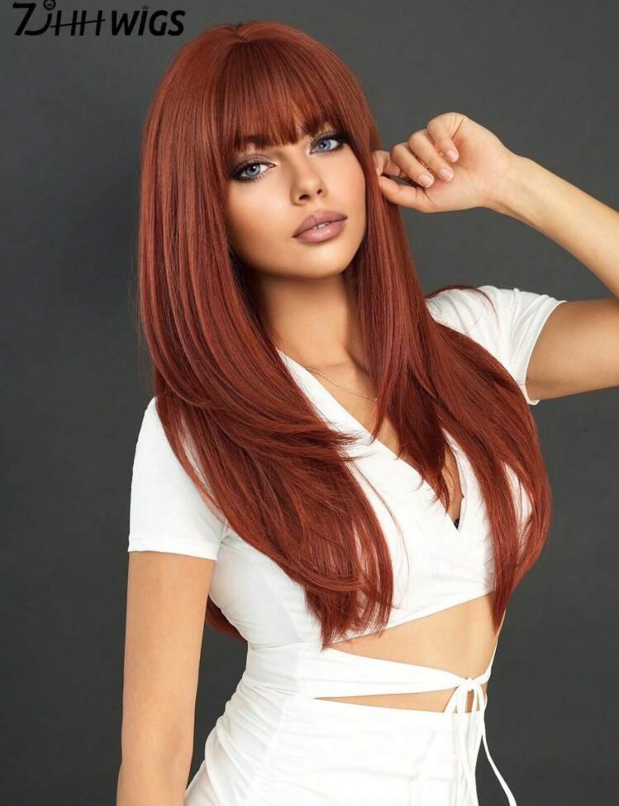 Perruque Cheveux Synthétique Rouge Foncé Frange Longue Lisse 65cm Chevelure Lisse + 4 Bonnets