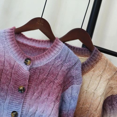 New Womens Gradient Round Neck Single Breasted Knitted pullover cardigan Sweater - Picture 5 of 16