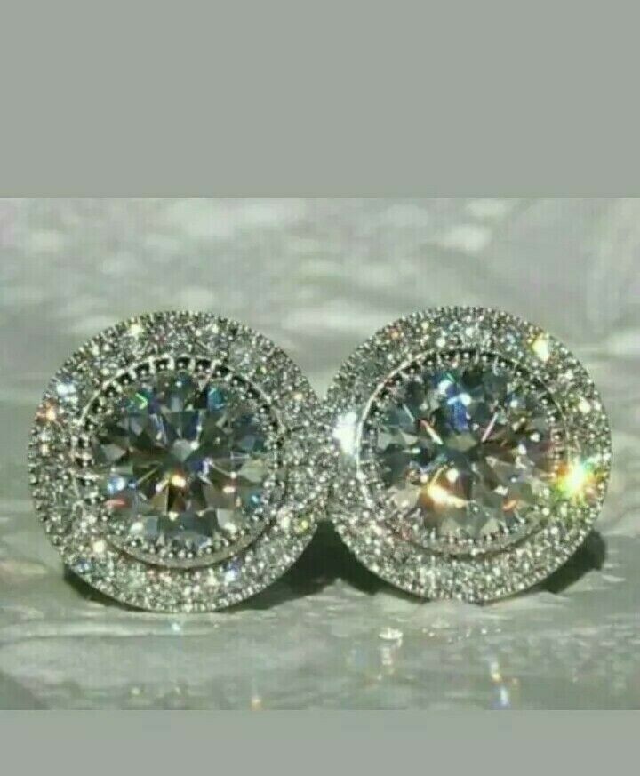 14K White Gold Plated Moissanite Solitaire Halo Stud