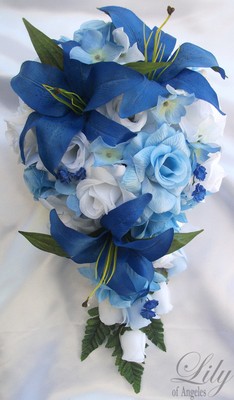 17pcs Wedding Cascade Bridal Bouquet Silk Flower Teardrop Dark Light Blue White Ebay