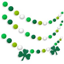 3 Pcs St. Patrick's Day Pom Pom Garlands Felt Shamrock Clover Green,white