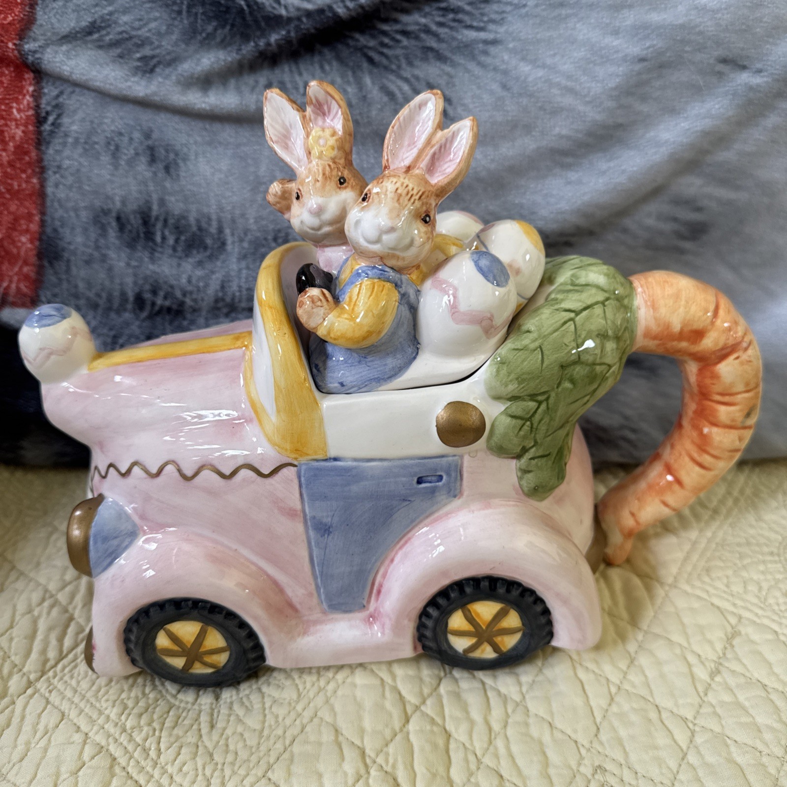 Vintage Fitz Omnibus Ceramic Easter Bunny Rabbit Car Figural Teapot