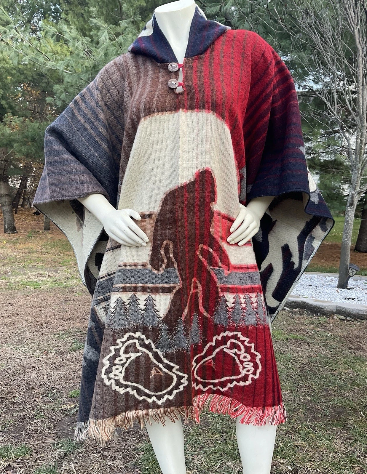 HANDMADE ALPACA WOOL PONCHO, Bigfoot Silhouette Yeti, Red Unisex Made In Ecuador
