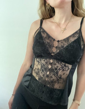 VTG 70s Vanity Fair Black Lace Front Cami Goth Whimsygoth Romantic Small Unique