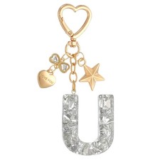 Cute Initial Letter Keychain, Letter U Keychains for Women Girls Bling Silver