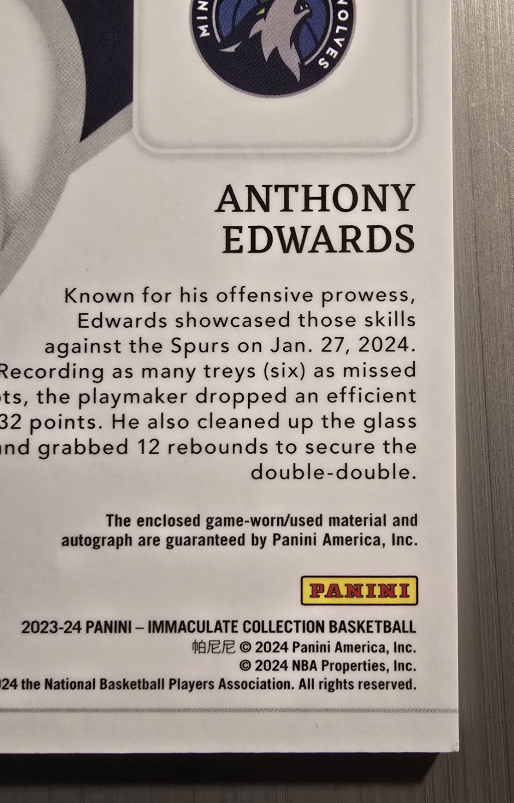 2023-24 Panini Immaculate Anthony Edwards Patch Auto /20 #IPA-ANT Timberwolves view 12