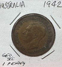 Australia One 1 Penny, 1942 British Coin, King George VI. F