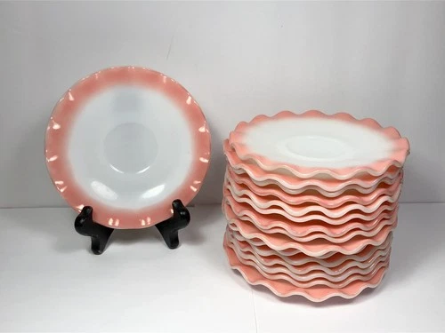 Set Of 16 Hazel Atlas Pink Crinoline Ripple Milk Glass Saucers Vintage