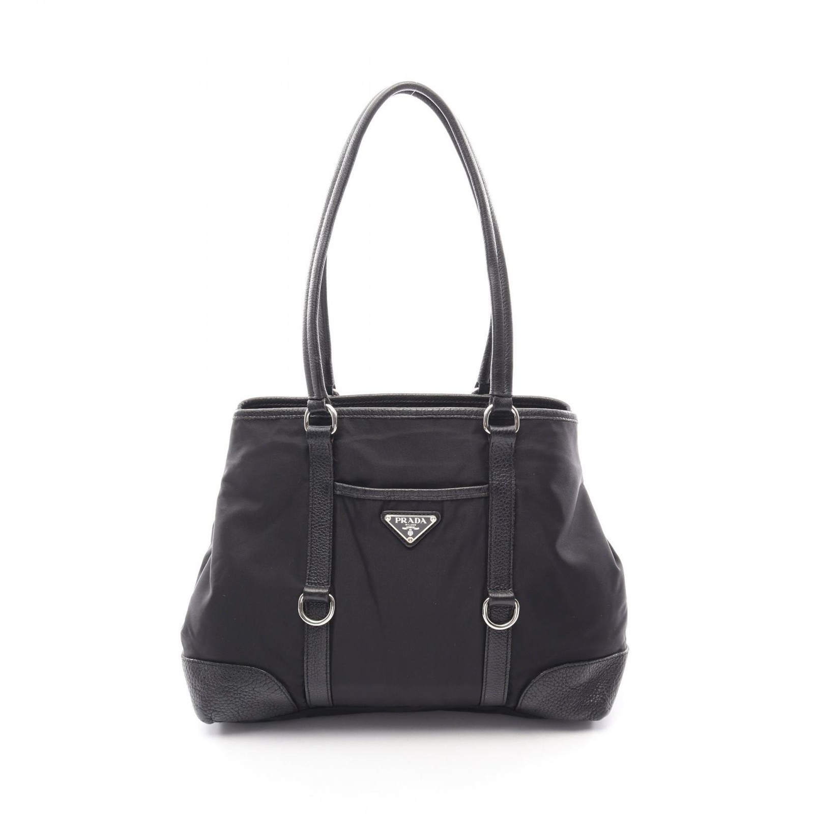PRADA Triangle logo Tote shoulder hand Bag Nylon leather Black Used Women