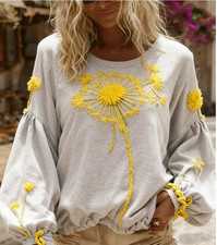 Women's Vintage Rose Print And Floral Applique Embroidery Casual Crew Neck Shirt