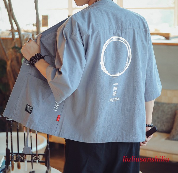 Men Cotton Linen Casual Japanese Kimono Jacket Baggy Top Cardigan Outwear Retro