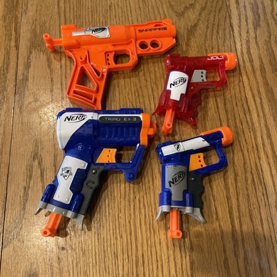 Lot of 4 Nerf N-Strike Single Shot Mini Blasters Works Jolt, Snap fire, Triad
