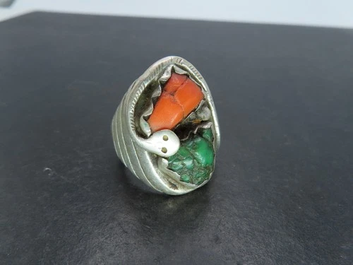 Vintage Sterling Silver & Turquoise/Coral Snake Ring, Unsigned, Size 8, 27g