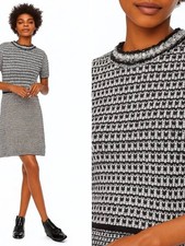 New Tory Burch Medium Embellished Fringe Tweed Dress Black White Silver Designer