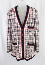 Gucci Women's Navy Blue Red Ivory Metallic Print Tweed Jacket Blazer 44 US 10