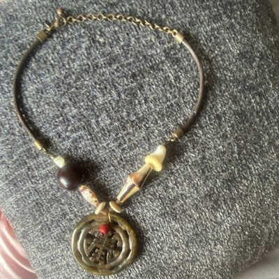 Handcrafted Bohemian Brass Pendant Necklace with Mixed Beads on Multicolor Cord