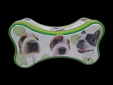 🌺Dog Bone Shaped Tin black white Boston Terrier Treat box Hana Deka Club Green