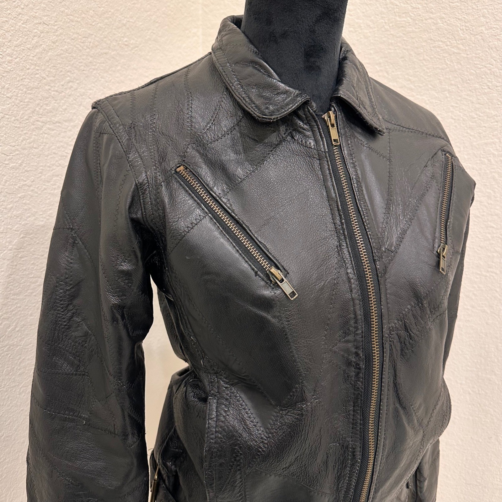 Vintage M Collection Black Patchwork Leather Jack… - image 2