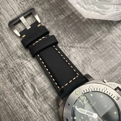 Pour OFFICINE PANERAI PAM Bracelet De Montre En Cuir De Veau Noir De 24 Mm - Photo 1/4