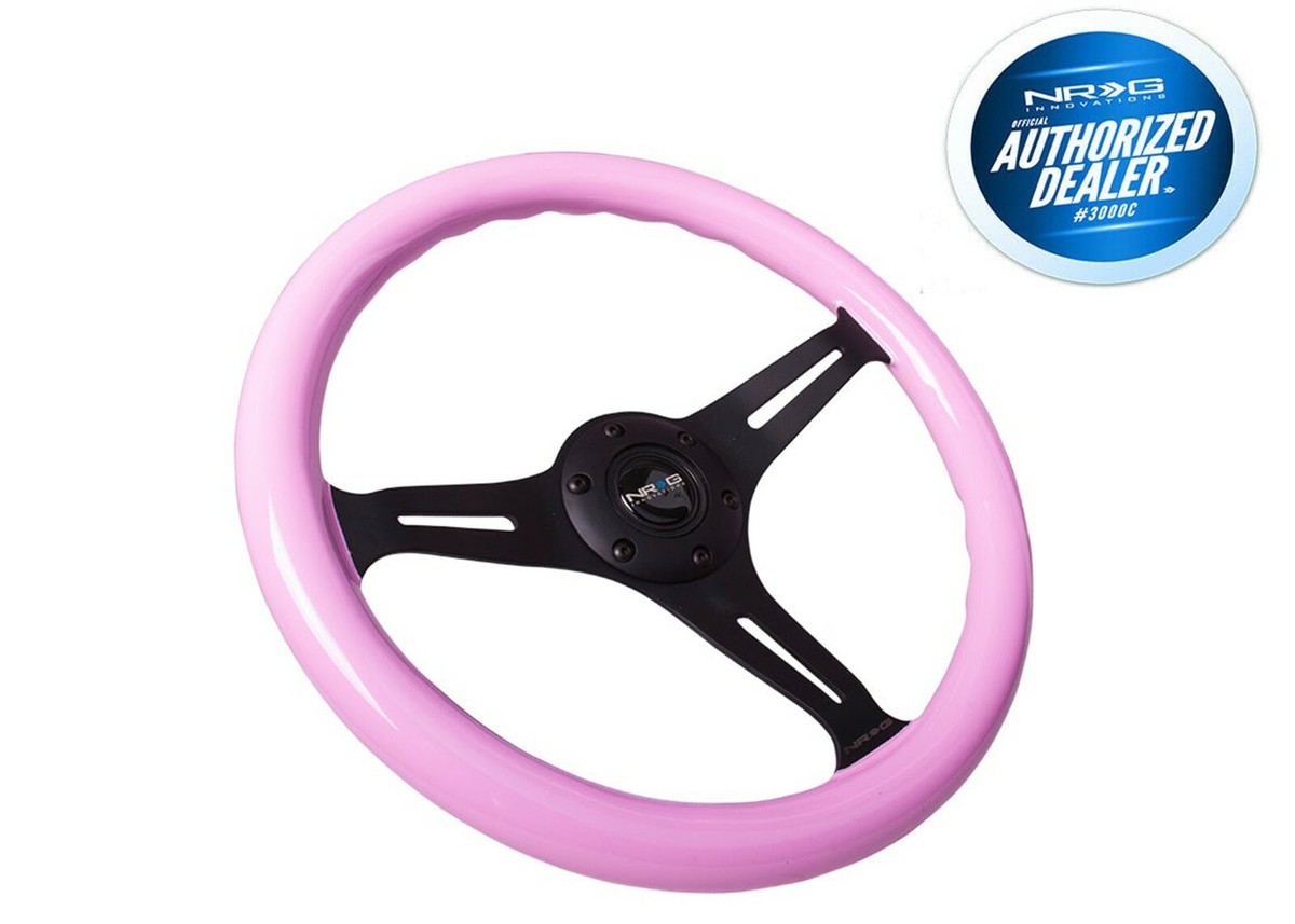 NRG 350MM BLACK STEERING WHEEL 3 SPOKE CENTER PINK WOOD ST-015BK