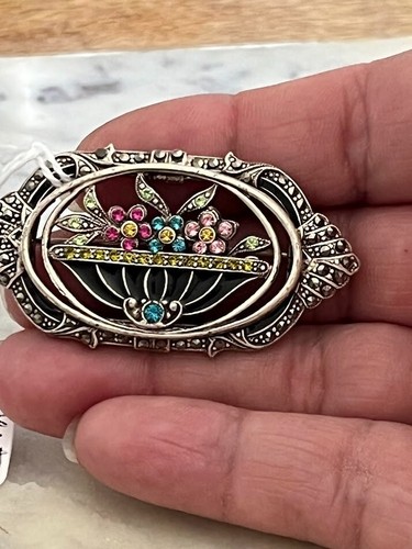 NEW Sweet Romance Victorian Regency Brooch Pin Floral Marcasite 1940s Crystals - Picture 7 of 7