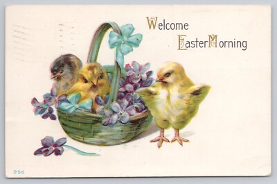 Easter Greetings 3 Chicks Basket of Violets c1914