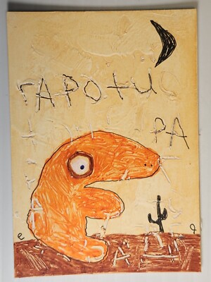 e9Art ACEO creature under the moonlight next to a cactus outsider art brut naive