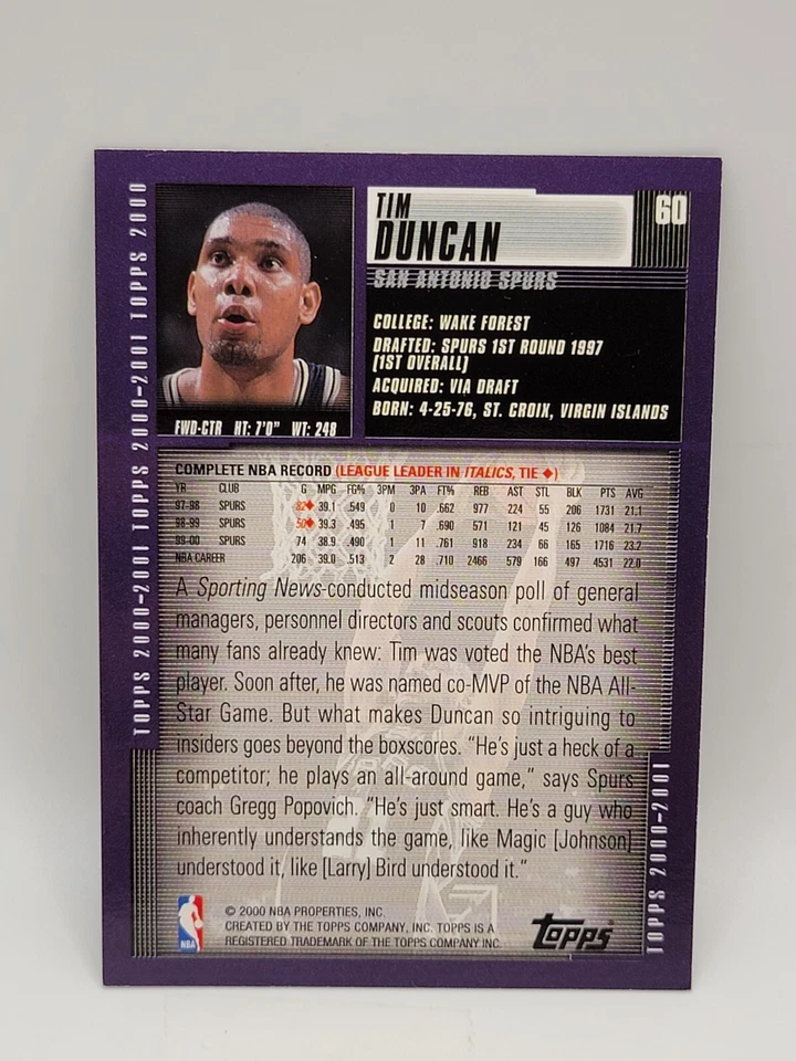 2000 Topps Tim Duncan #60 - Image 2 of 2