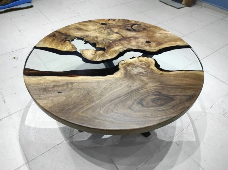 Natural Olive Wood Epoxy Resin Live Edge Epoxy Coffee Table, Round Transparent - Image 2 of 4