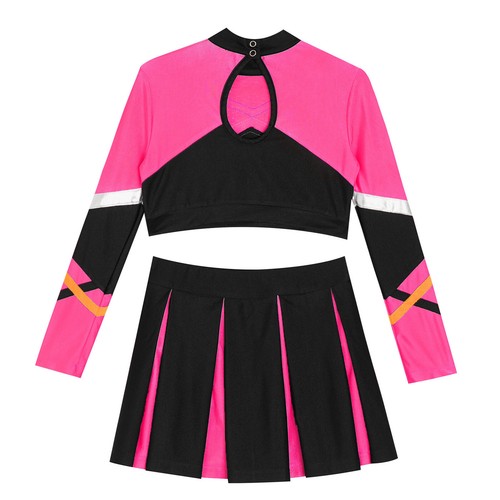 Girls Set Shiny Outfits Uniform Cheer Leader Contrast Color Tops And Miniskirt - Picture 42 of 43