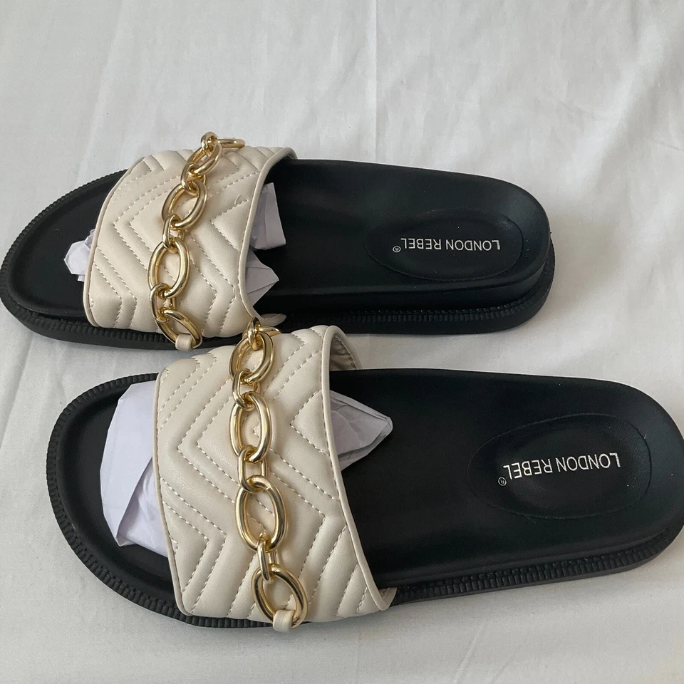 London Rebel Slides Mujer Talla 7 Negro Blanco Cadena Adornada Foto 3 de 4
