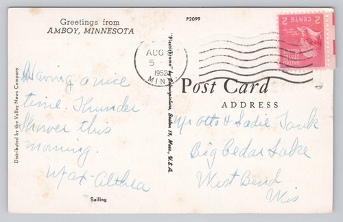 Greetings From Αmboy Μinnesota Boats 1952 Postcard - Picture 2 of 2
