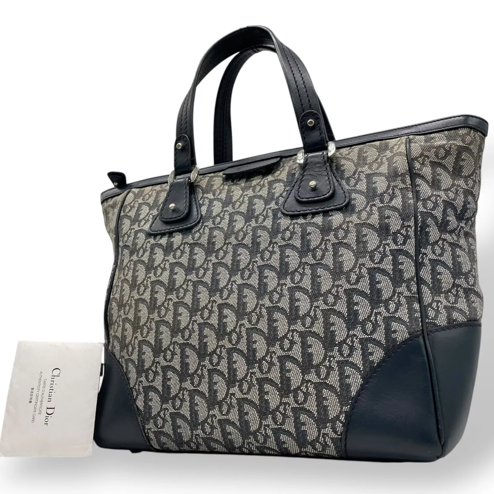 Authentique sac à main trotteur Christian Dior toile cuir marine fermeture éclair femme