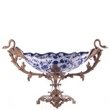 Porcelain Bronze Bowl Art Nouveau Decorative Bowl Swans Floral Antique JMA214