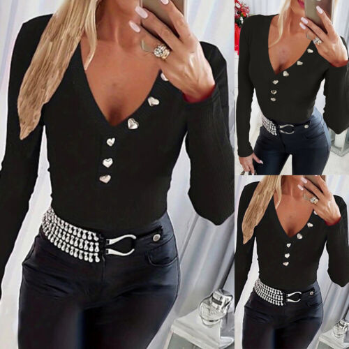 Women Sexy V-Neck Button Shirt Ladies Slim Long Sleeve Casual Tops Party Blouse