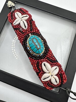 Vintage Cowrie Shells Turquoise Coral Beaded Bracelet Tribal Adjustable Artisan
