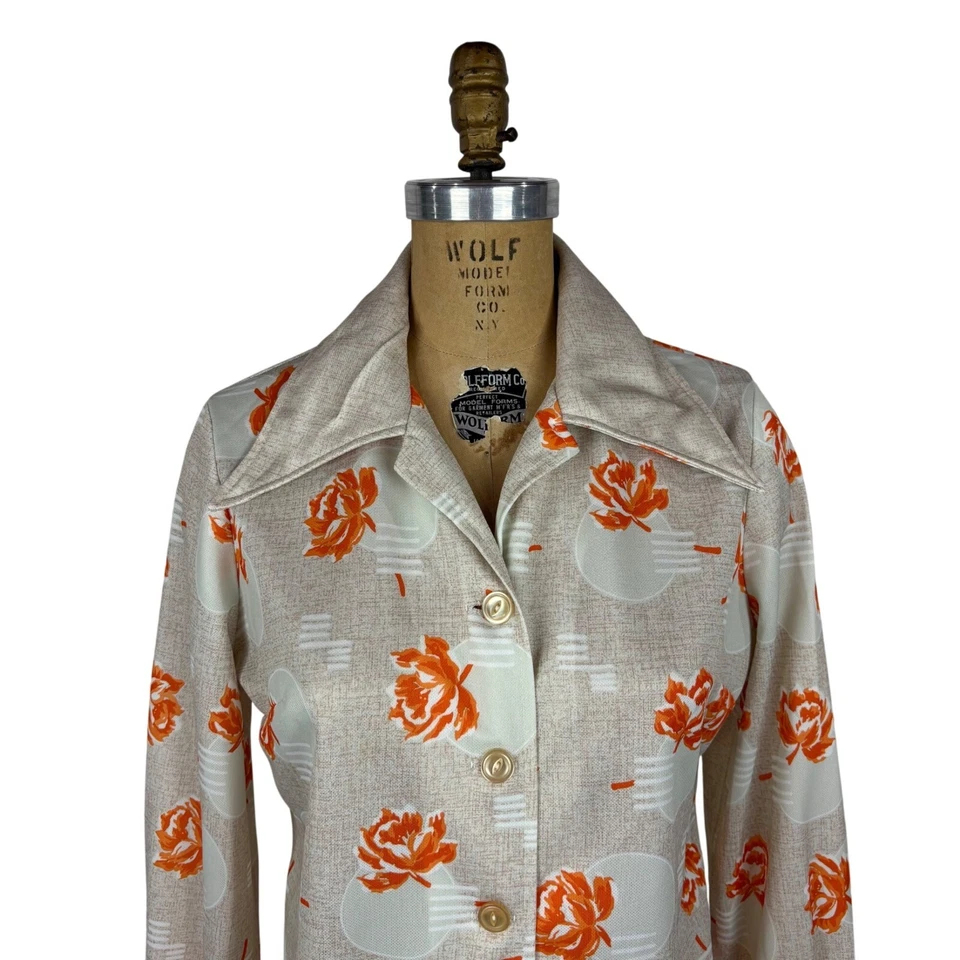 Винтажный 70-х цветочный рубашка женщин XL оранжевый цветы полиэстер длинным рукавом кнопка U - Изображение 3 из 4