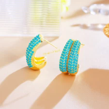 Top Turquoise Blue Double Half Round Micro Pave Hoop Earrings for Brides Costume