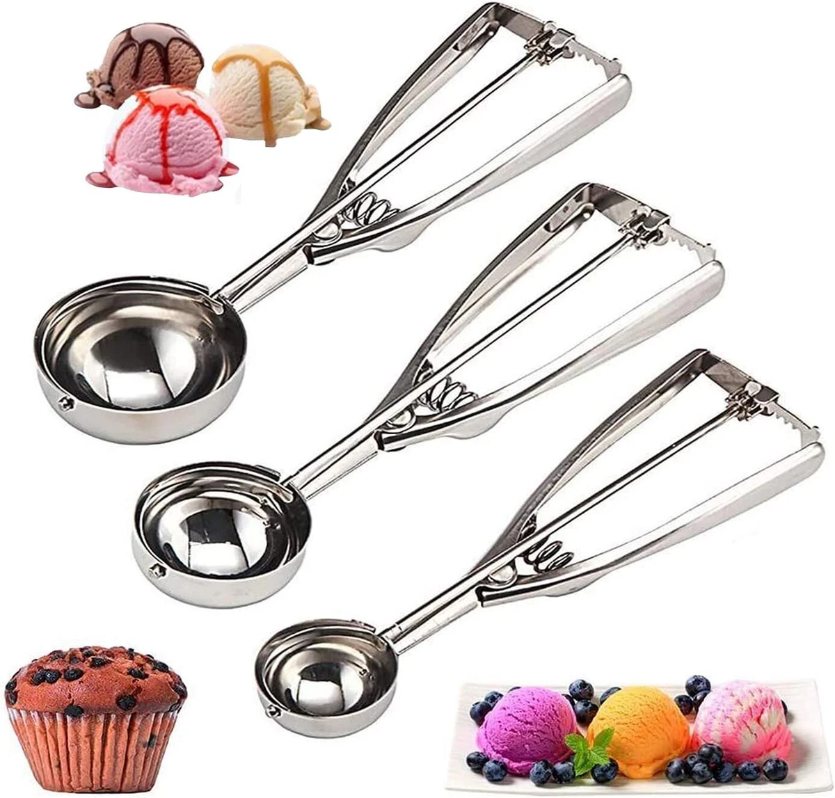 Cookie Scoop Set 3 PCS,With Trigger(S+L+M)Size Stainless Steel Ice