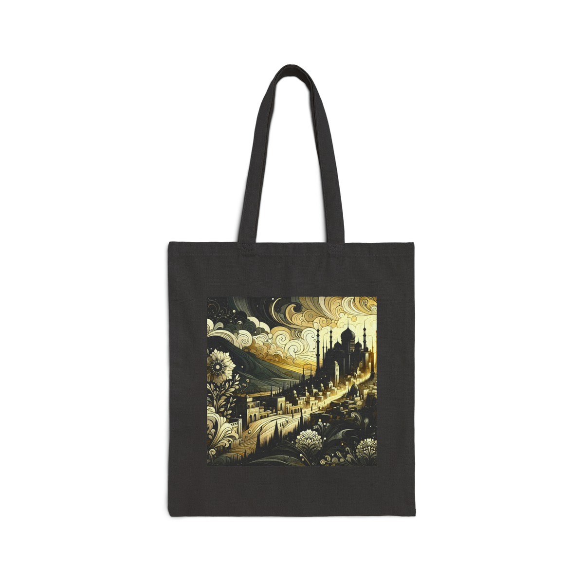 Cotton Canvas Tote Bag 15x16 Golden Art Deco Cityscape with Lush Floral  Accents
