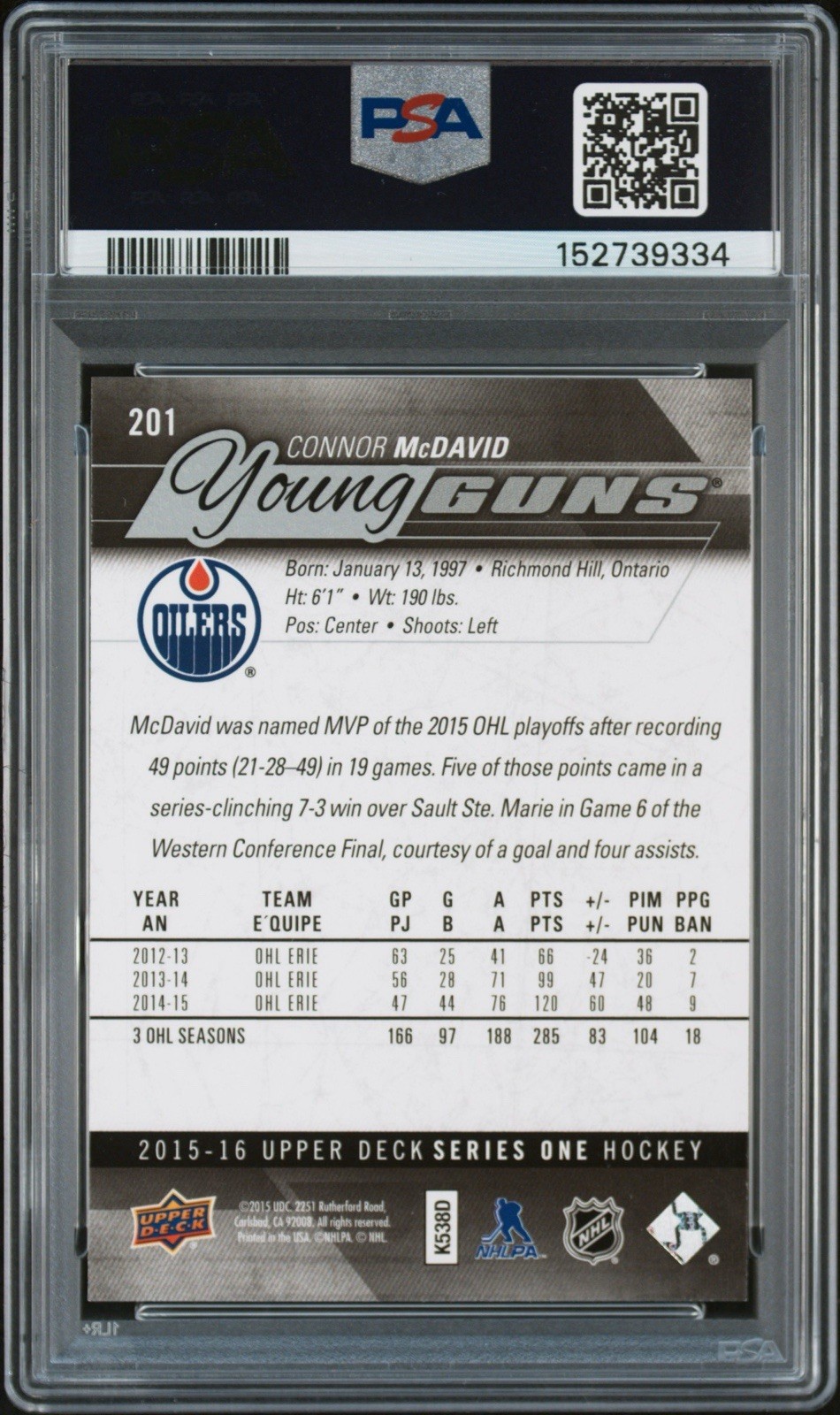 2015-16 Upper Deck Connor McDavid RC PSA 9 Young Guns Rookie view 2