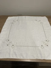 Vintage Tan Embroidered White Linen Tablecloth Topper 32" Sq Cut Outs Hemstitch