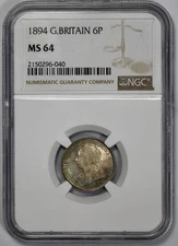 1894 Great Britain Silver 6p Sixpence NGC MS 64 Blue Green Toning