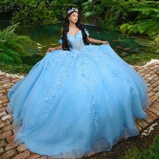Glitter Sky Blue Quinceanera Dress Ball Gown Floral Applique Big Bow Sweet 16