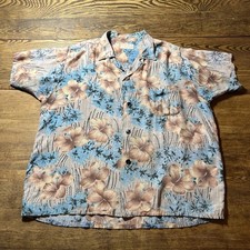 Vintage 60s Rayon Hawaiian Button Down Shirt Aloha Loop Collar Brown Blue