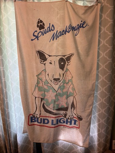 Vintage 1986 Bud Light Beer Spuds MacKenzie Beach Towel 35 X 58” Faded