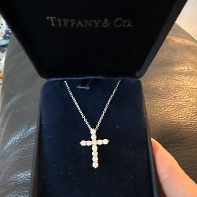 Tiffany & Co. Platinum Diamond .42ct Cross Pendant Small Necklace Box